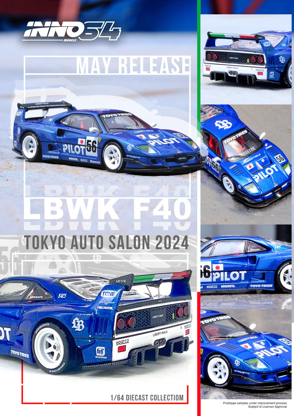 Inno64 LBWK Ferrari F40 Tokyo Auto Salon 2024 Blue 1/64 Scale Pre-order - Harla Hotwheels Diecast 