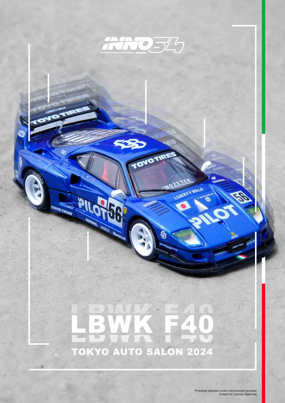 Inno64 LBWK Ferrari F40 Tokyo Auto Salon 2024 Blue 1/64 Scale Pre-order - Harla Hotwheels Diecast 